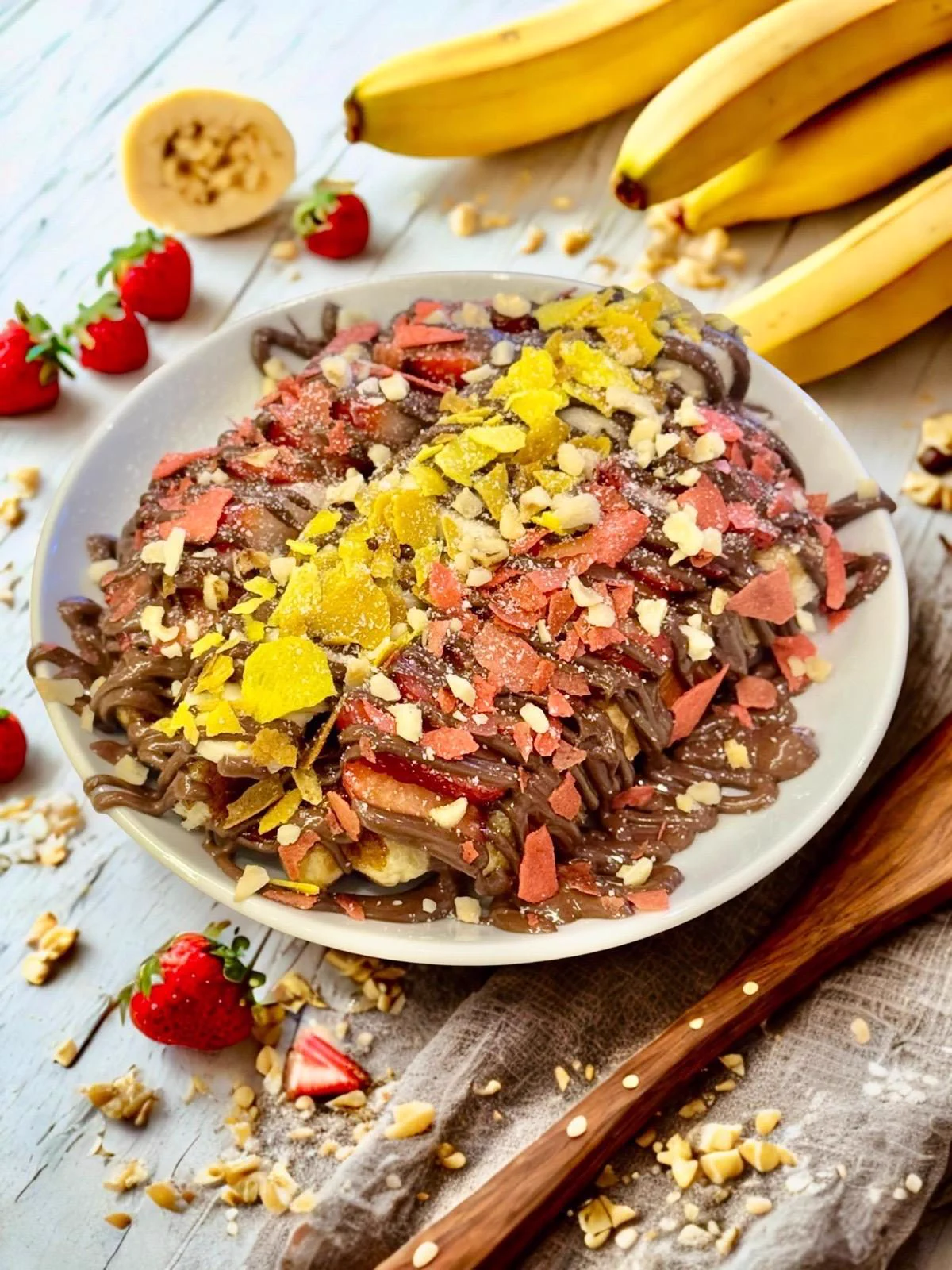 Muz, çilek ve fındıkla hazırlanan çikolata soslu waffle